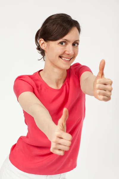 Menina muito sorridente mostrando polegares para cima sinal — Fotografia de Stock