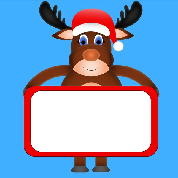 Reno de Navidad sosteniendo un signo blanco — Vector de stock