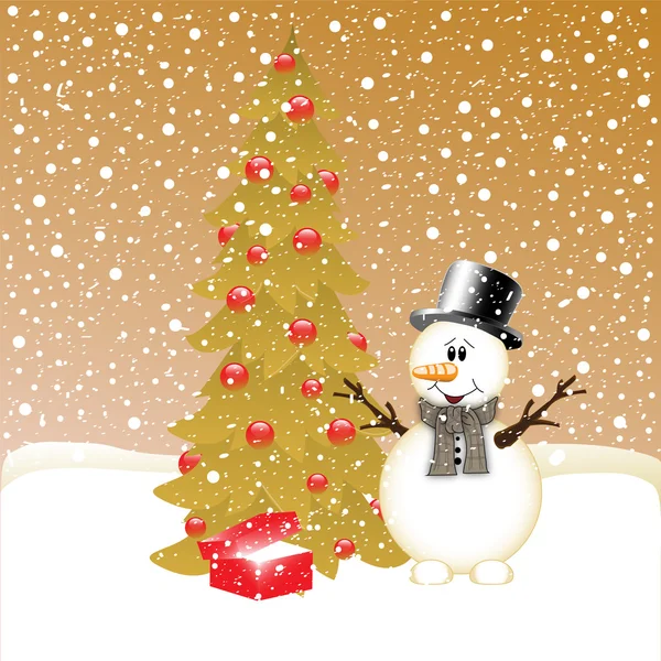 Улыбающийся снеговик возле елки и подарков — стоковый вектор