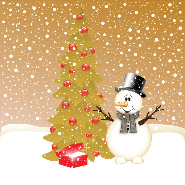 Smiling snowman near fir tree and gifts — Stock Vector