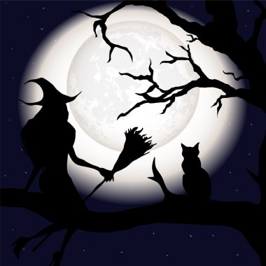 bir süpürge ve bir kedi bir cadıyla silüeti