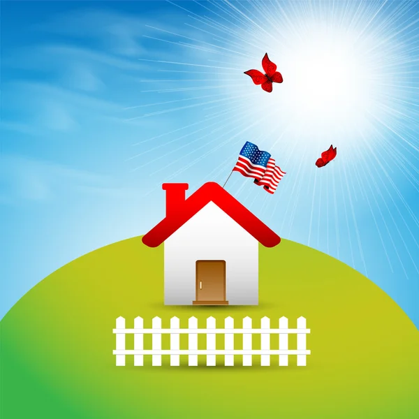 Casa na colina com a bandeira americana — Vetor de Stock