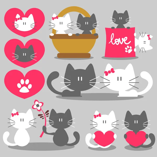 Dois gatos romântico valentine set — Vetor de Stock