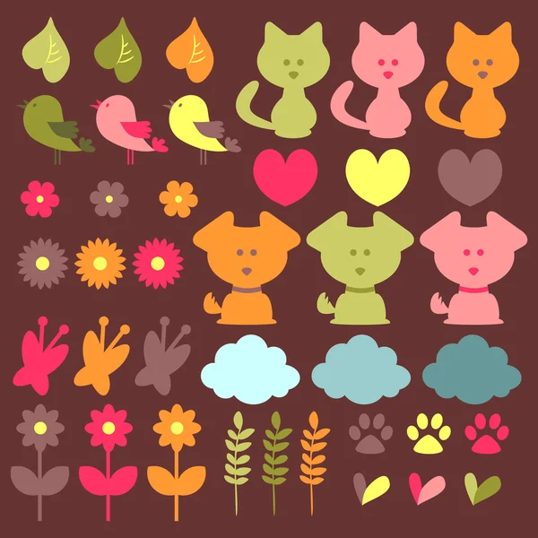 Cute childish elements set animals and nature — Stock Vector