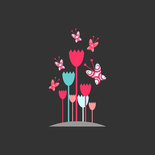 Hübsche Grußkarte mit Blumen und Schmetterlingen — Stockvektor