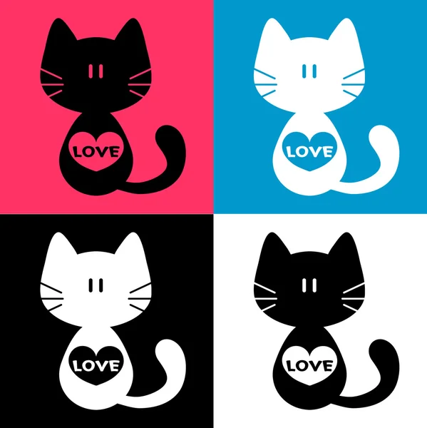 Conjunto de lindas cartas románticas con gato — Vector de stock