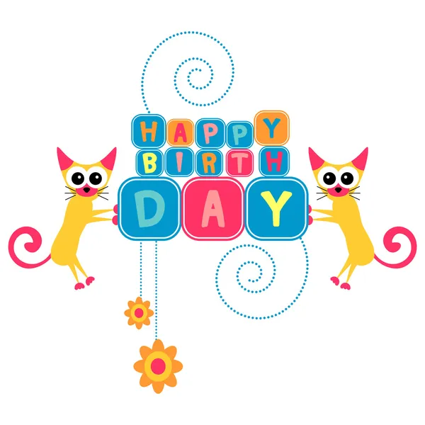 祝你生日快乐卡与滑稽的猫 — 图库矢量图片