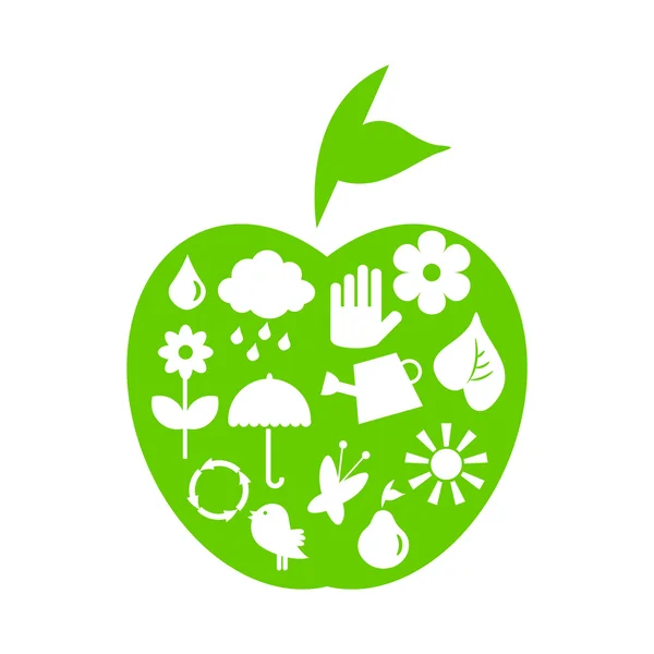 Green apple with ecological icons — Stock Vector