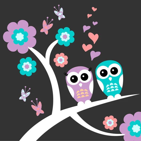 Iki owls sevimli romantik kartı — Stok Vektör