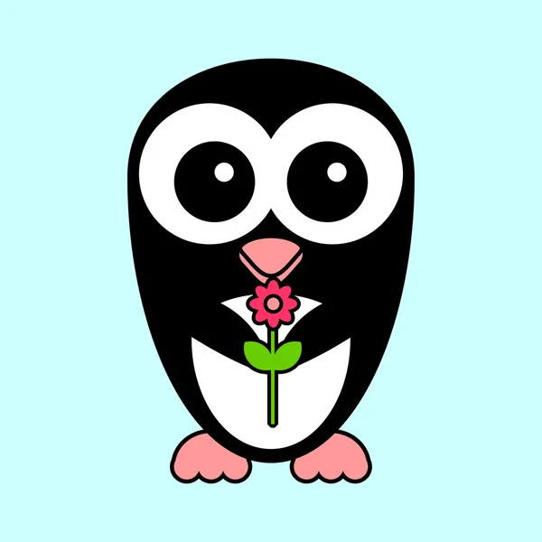 Roztomilý tučňák přání s květinou — Stockový vektor
