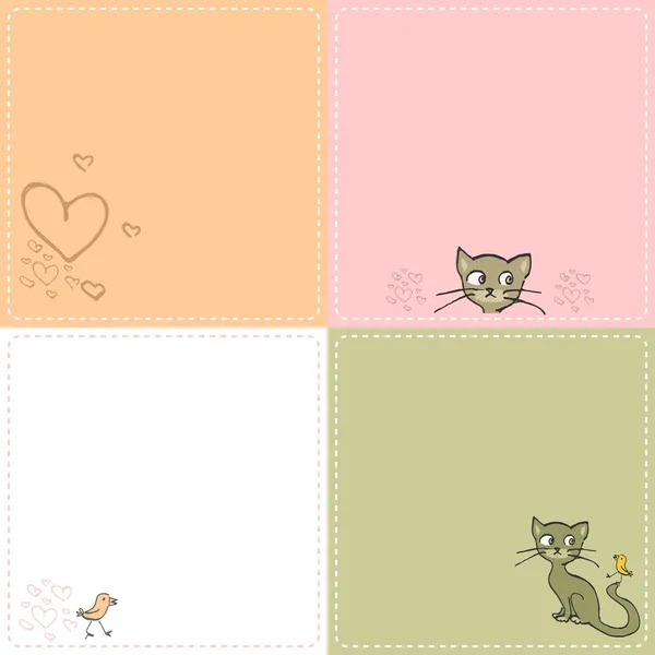 一套与小猫和小鸟可爱背景 — 图库矢量图片