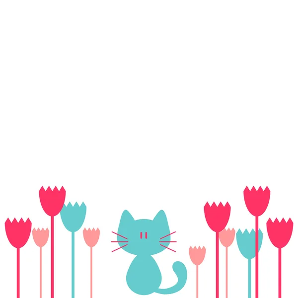 Jolie carte de voeux avec fleurs et chaton — Image vectorielle