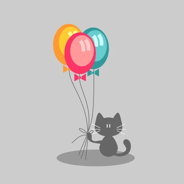 Carino biglietto di auguri con gattino in possesso di palloncini — Vettoriale Stock