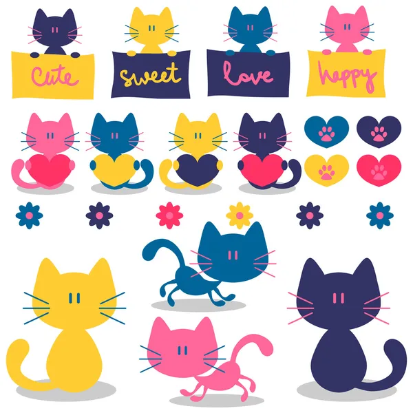 Cute little kittens romantic elements set — Stock Vector