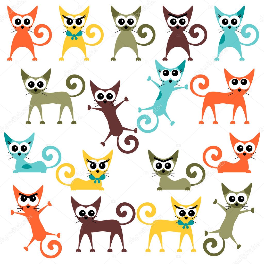 A set of cute bright cartoon cats