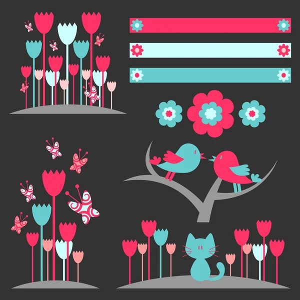 Un conjunto de hermosos elementos florales — Vector de stock