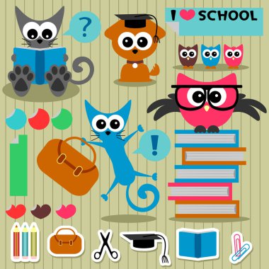Scrapbook okul Tema komik hayvanlar ve öğeleri ayarlama