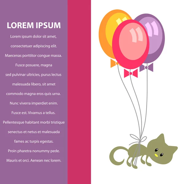 Diseño de tarjeta vectorial con gatito y globos — Archivo Imágenes Vectoriales