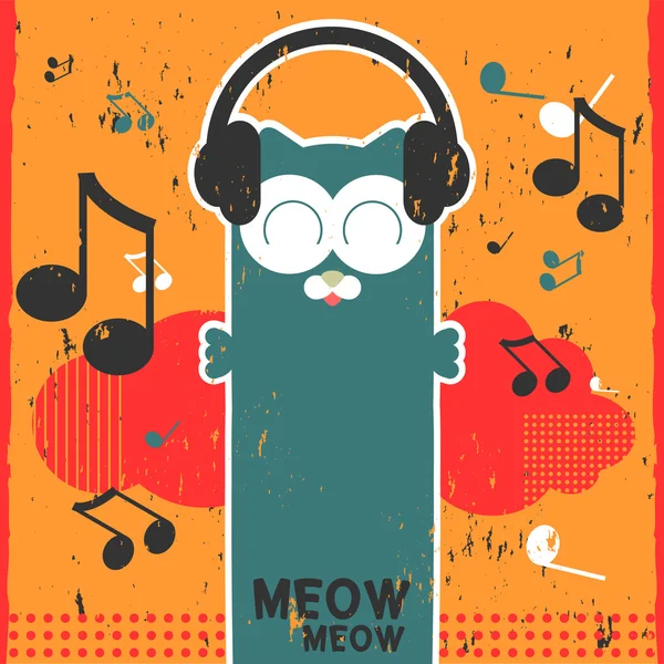 Tarjeta vectorial retro con gatito escuchando música en auriculares — Archivo Imágenes Vectoriales