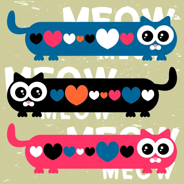 Tarjeta vectorial con divertidos gatos y corazones — Vector de stock