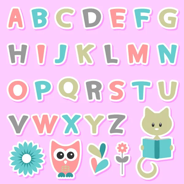 Graziosi adesivi infantili set con alfabeto — Vettoriale Stock