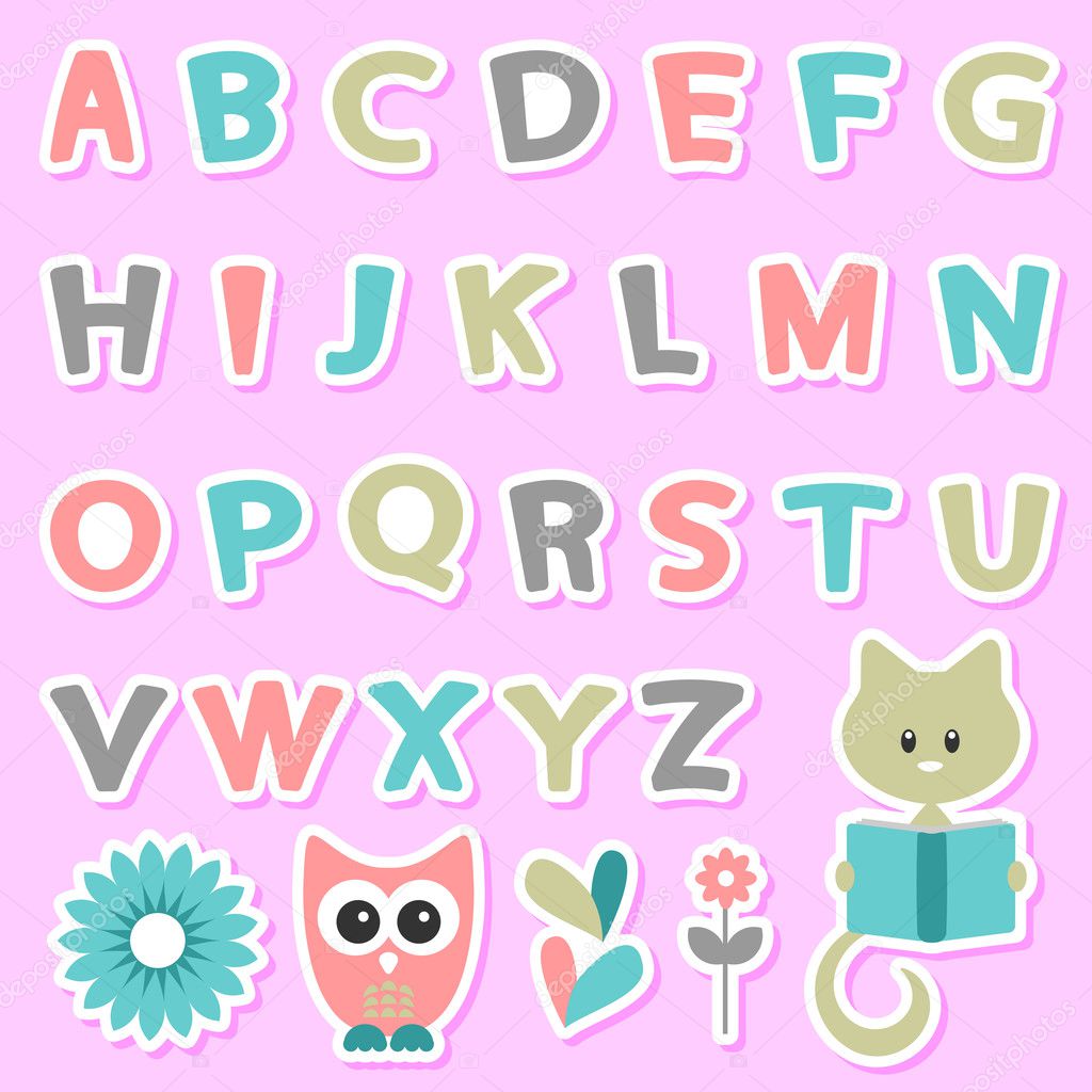 Cute childish stickers set with alphabet