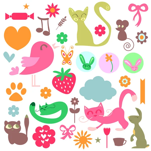 Babyish elements cute animals and objects set — Stock Vector