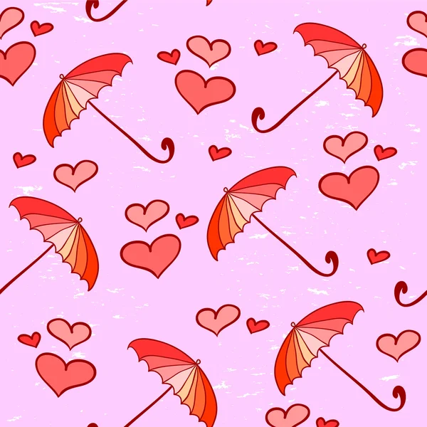 パラソルと心のピンクのフェミニンなシームレスなパターン — ストックベクタ