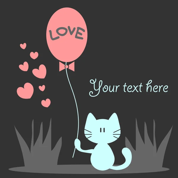 Carte romantique avec chaton mignon tenant un ballon — Image vectorielle