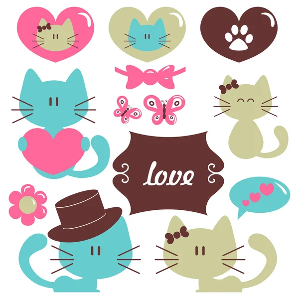 Gatos enamorados romántico vector conjunto de elementos — Archivo Imágenes Vectoriales