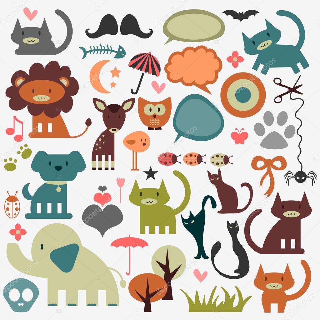 Cute animals and various elements set