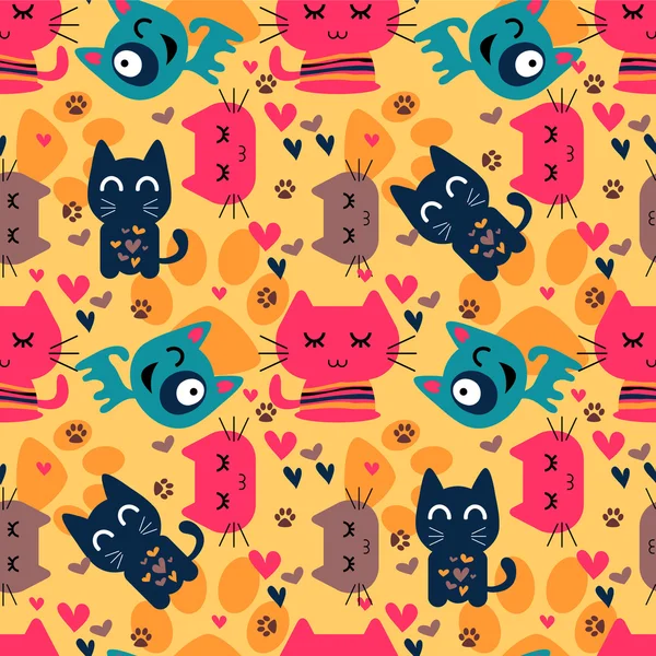 Cute seamless pattern with funny cats — Stock Vector