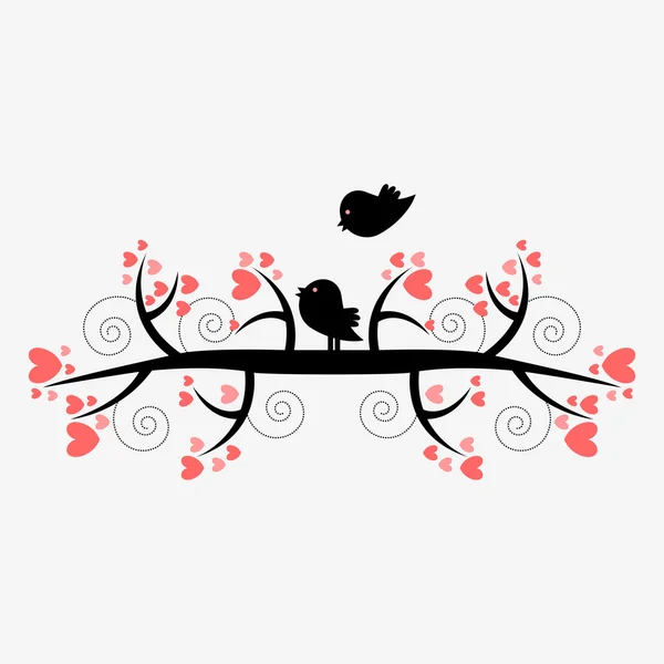 ツリー上の2羽の鳥のロマンチックなイラストシルエット — ストックベクタ