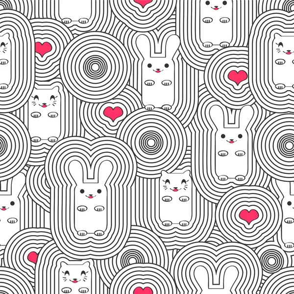 Seamless pattern with cute cats and rabbits — Stock Vector