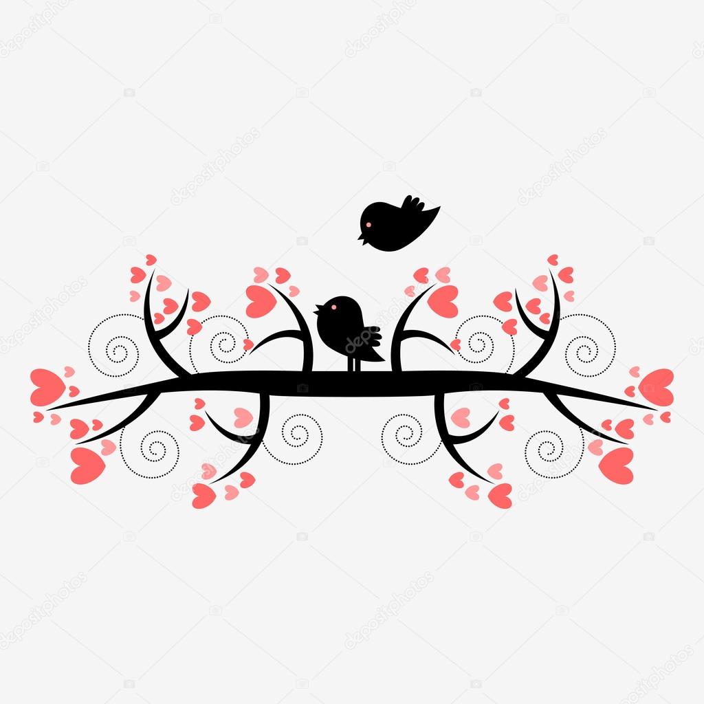 Romantic illustration silhouette of two birds on the tree