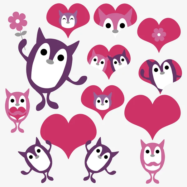 San Valentín conjunto con criaturas animales lindos — Vector de stock