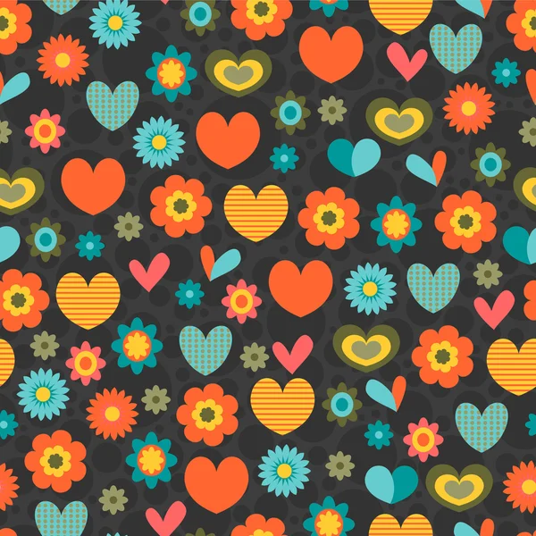 Colorful seamless pattern with hearts and flowers — Stock Vector