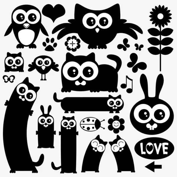 Zwarte silhouetten van schattige dieren. stickers ontwerp — Stockvector