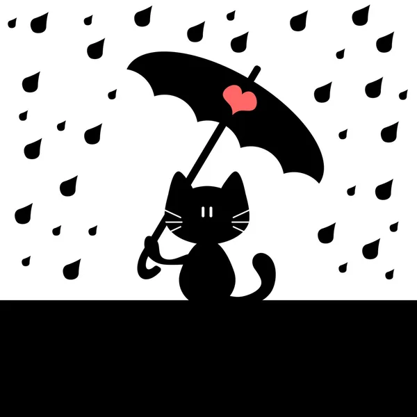 Cat under rain romantic illustration — Stock Vector