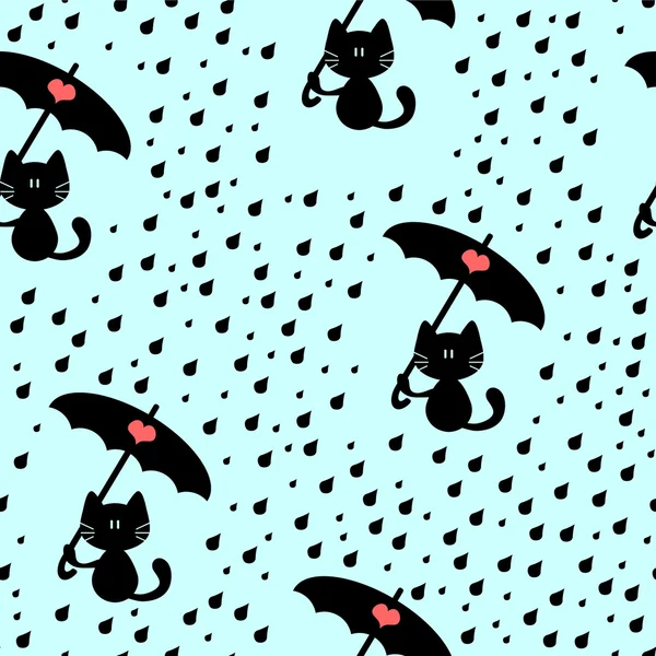 Seamless pattern with cute kitties under the rain — Stock Vector