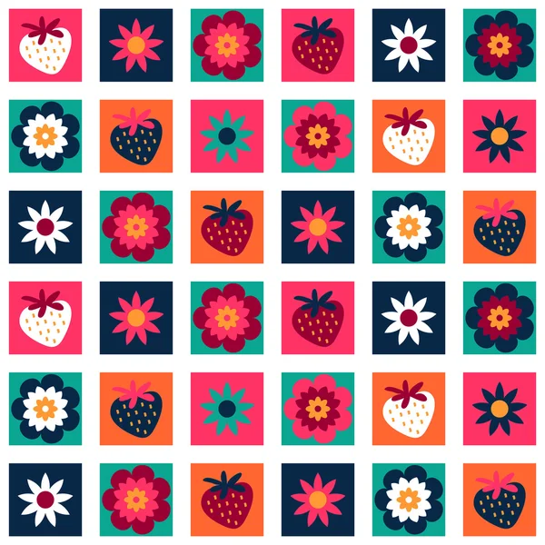 Dulce patrón inconsútil colorido con flores y fresas — Vector de stock