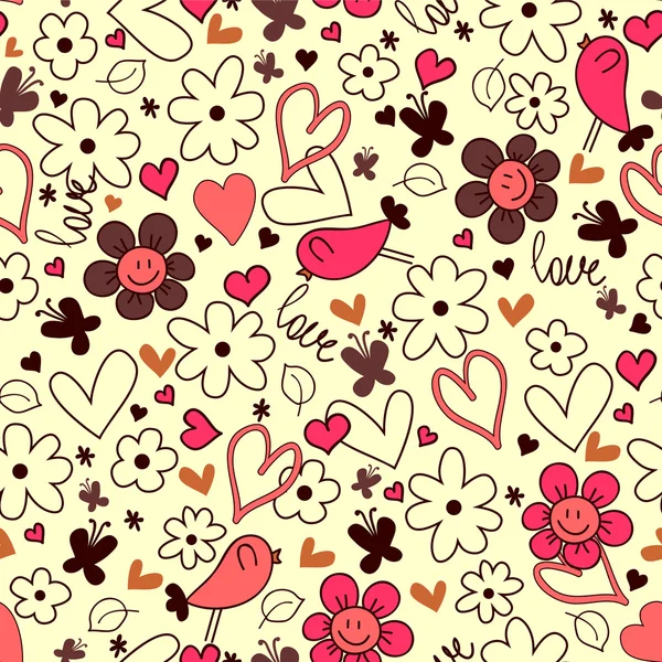 Романтический бесшовный фон сердца цветы и птицы — стоковый вектор