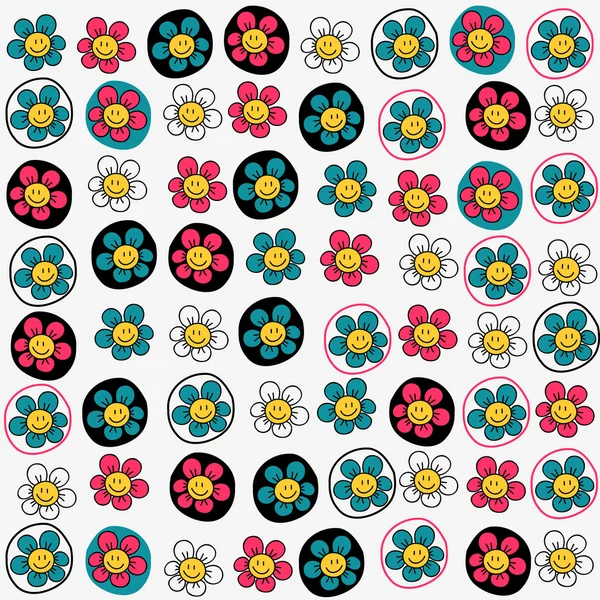 Lindo patrón sin costura infantil con flores divertidas — Vector de stock