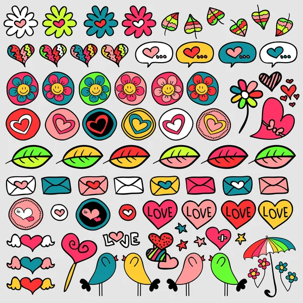 Ensemble d'éléments mignons doodle coeurs et fleurs — Image vectorielle