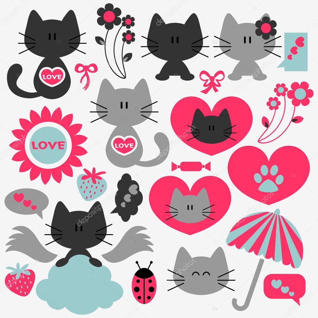 Two cute cats in love set of elements