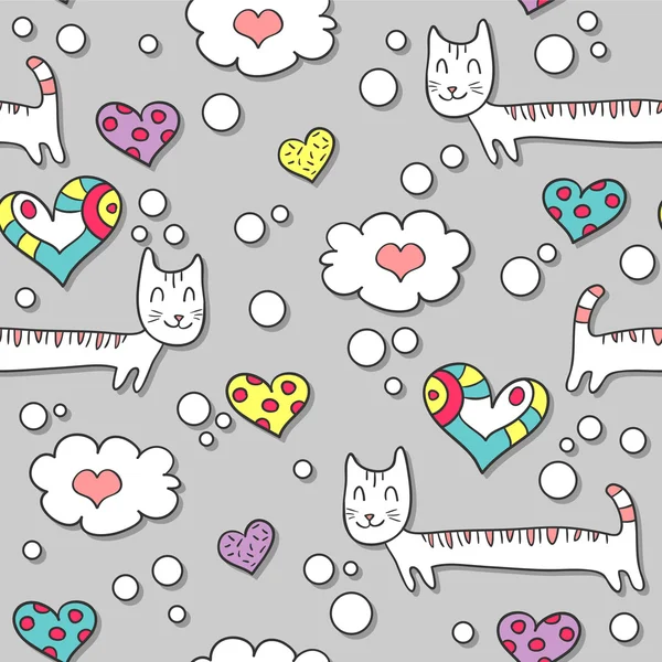 Cute seamless pattern with cats and hearts — Stock Vector