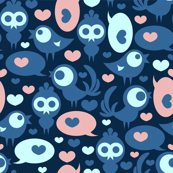 Seamless pattern with funny birds and hearts — Stock Vector