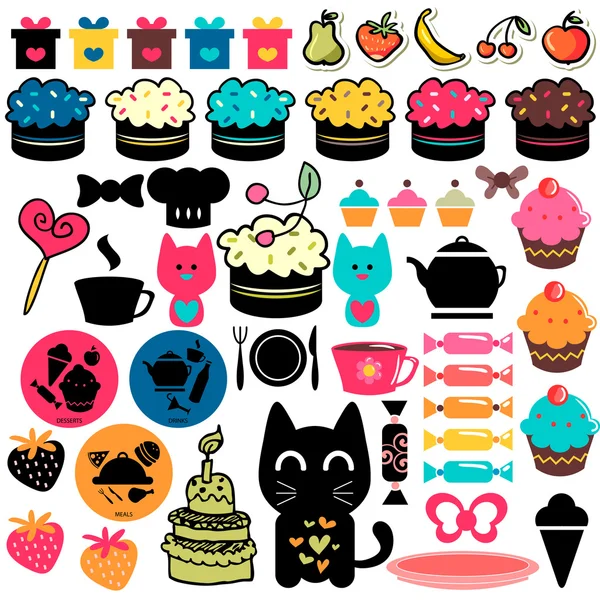 Gâteaux et éléments alimentaires ensemble — Image vectorielle