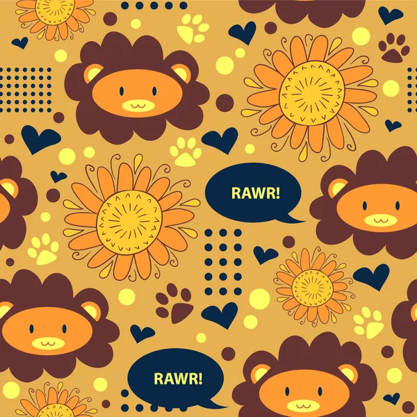 Sunny seamless pattern with cute lions — Stock Vector