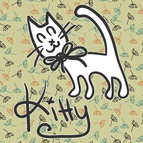 Drawing of a funny kitty on floral background — Stock Vector